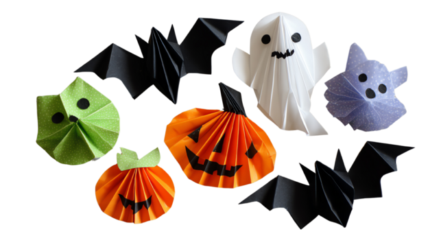 Colorful Halloween decorations made of paper, including ghosts and pumpkins, on a white isolated background.