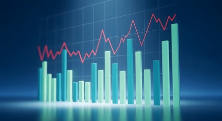 Growing financial chart with red line graph and bars bar graph blue background