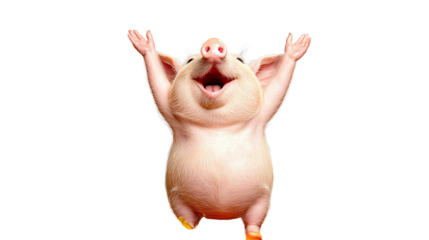 Happy pig with arms raised joyfully, isolated on a white background.