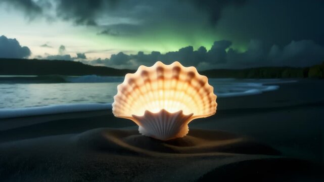 Glowing seashell under green aurora