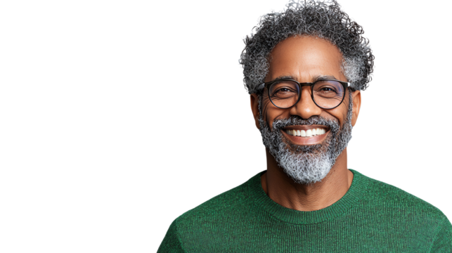 Happy man with glasses smiling broadly, wearing a green shirt on a white isolated background.