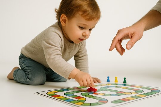 Child playing a classic board game on a white surface with adult guidance