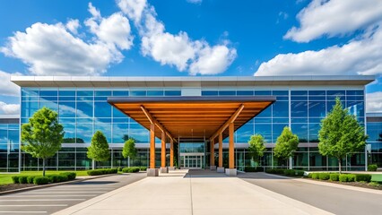 Obraz premium Stunning modern office building entrance with glass facade and wood canopy