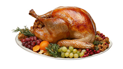 Roasted turkey with stuffing, grapes, and herbs on a white plate, isolated on a white background.