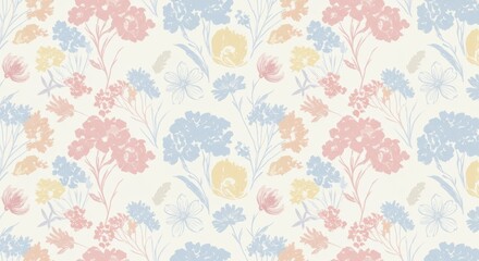 A repeating pattern of watercolor flowers in pastel shades of pink blue and yellow
