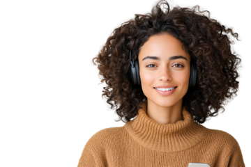 Smiling woman with curly hair wearing headphones, enjoying music in a cozy atmosphere.