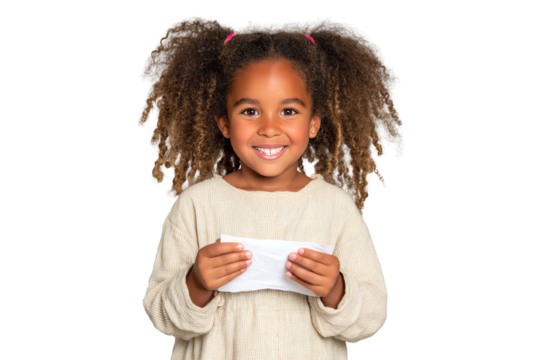 Smiling girl with curly hair holding a card, cheerful expression, positive vibe.
