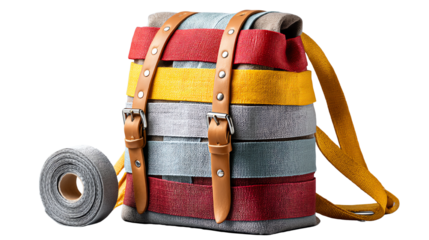 Stylish striped backpack with leather straps, accompanied by a roll of fabric, perfect for everyday use.