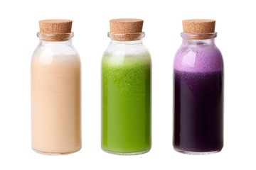 Three glass bottles filled with colorful healthy drinks, isolated on a white background.