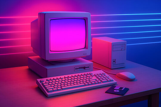 Retro Computer Setup with Neon Lighting