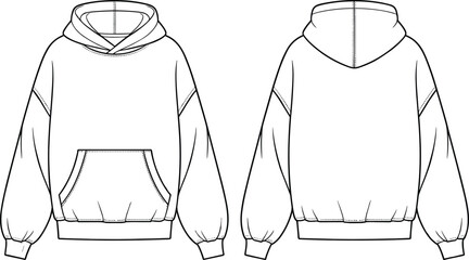 Oversized hoodie CAD drawing, flat vector technical illustration, front and back sweatshirt design, fashion garment template, casual wear sewing pattern, clothing blueprint