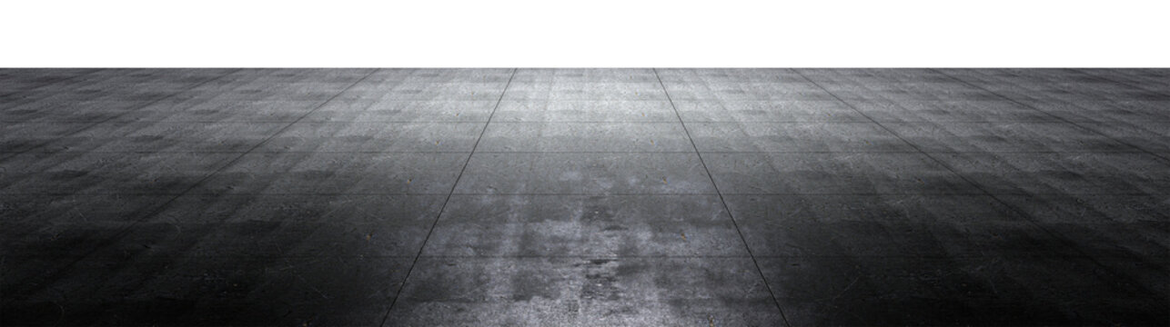 Dark concrete floor background with perspective view, isolated PNG for 3D mockup and product showcase..