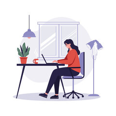 An illustration of a freelancer woman working from her home office, using a laptop.