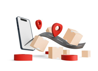 3D illustration of express delivery and online shopping via mobile with boxes and road on transparent background