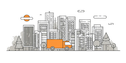 Cityscape with delivery truck. Line art illustration of a modern city with a delivery truck navigating through the urban landscape.  Simple, flat design style with buildings, trees, and a clear sky