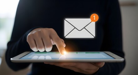 Person touching tablet with new email notification message inbox