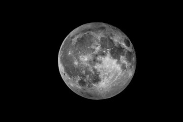 Black and White Full Moon (Luna) with detailed craters against dark sky