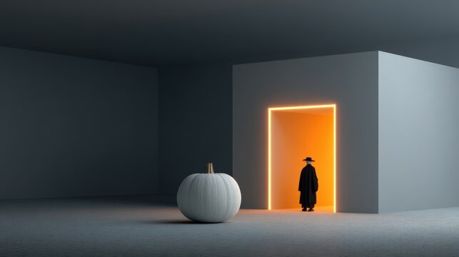 Minimalist 3D art showcases white pumpkin-prism with neon glow and costumed figure