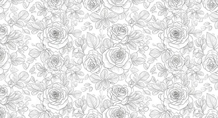 Black and white line drawing of a repeating rose pattern