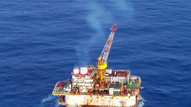 Expansive Aerial Shot of an Offshore Oil and Gas Platform Moving Across the Blue Ocean