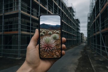 Hand holding smartphone displaying desert vegetation with construction site in background