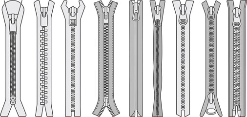 Zipper collection CAD drawing, flat vector illustration, clothing accessory design, different zipper types, detailed outline sketch, fashion garment fastening element © Rahul Creatives