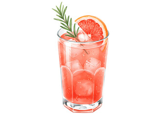 Refreshing pink grapefruit cocktail with rosemary isolated on transparent background