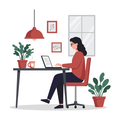 An illustration of a woman sitting at a home office desk, working on her laptop in a cozy environment.
