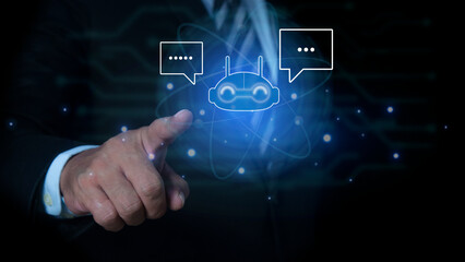 Businessman working with digital chatbot, chat GPT, robot application, conversation assistant, AI Artificial Intelligence concept, digital chatbot on virtual screen.