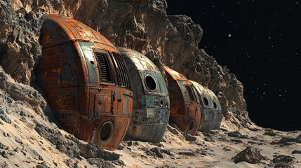 Fototapeta premium Rusty, spherical structures nestled in a rocky landscape under a starlit sky.