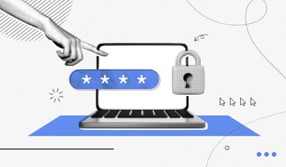 Trendy Halftone Collage with Human Hand holding Pin Code on Screen Computer Laptop. Locked padlock with password. Protecting your personal data online. Contemporary vector illustration art