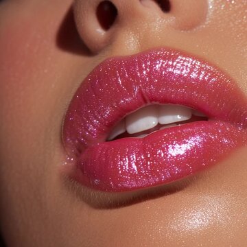  Extreme close-up of a woman&rsquo;s lips while applying shiny pink lip gloss with a brush. Beauty and makeup concept with focus on lip texture and shine
