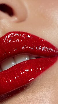 Macro close-up of full glossy red lips. Bold and sensual beauty concept with rich color and high shine