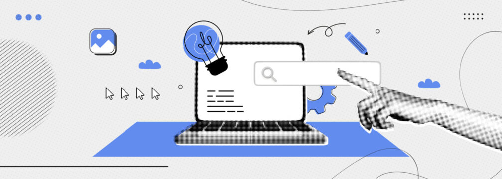 Trendy Halftone Collage Web design and development. Content creator. Computer laptop with search bar, lightbulb and pencil. Social media and ui designer. Contemporary vector illustration art