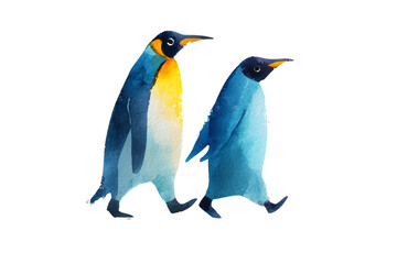 Obraz premium Two king penguins walking together against a stark black background showcasing their majestic plumage