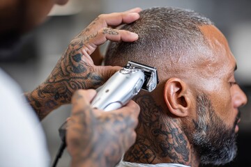 Close-up of a tattooed barber using an electric clipper to give a precise haircut to a client with short gray hair and beard, symbolizing modern grooming, personal care, and professional hairdressing
