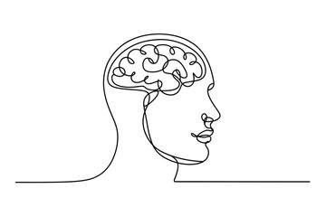 Minimal One Line Drawing of Human Head with Brain – Vector Mental Health Illustration