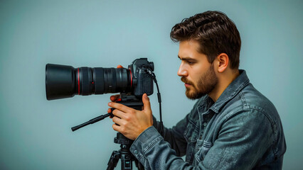 Man Carefully Adjusts Camera Lens on Tripod for a Perfect Shot Indoors