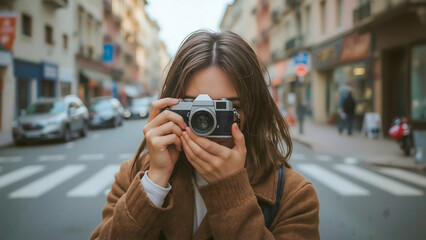 Woman Captures Memories With Vintage Camera on City Street in the Afternoon Light