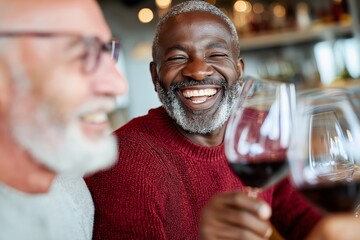 Smiling man in a red sweater enjoying a glass of red wine with a friend, symbolizing friendship, joy, celebration, and social connection