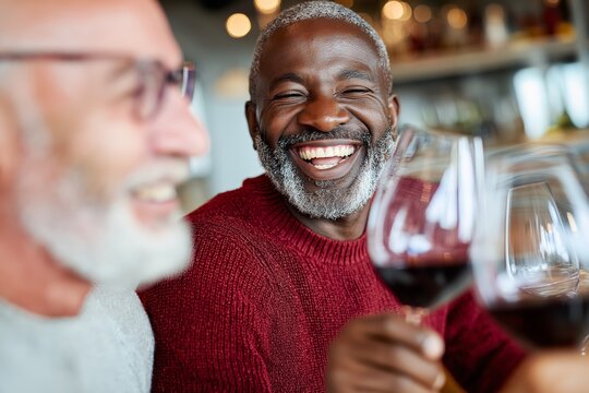 Smiling man in a red sweater enjoying a glass of red wine with a friend, symbolizing friendship, joy, celebration, and social connection - Powered by Adobe
