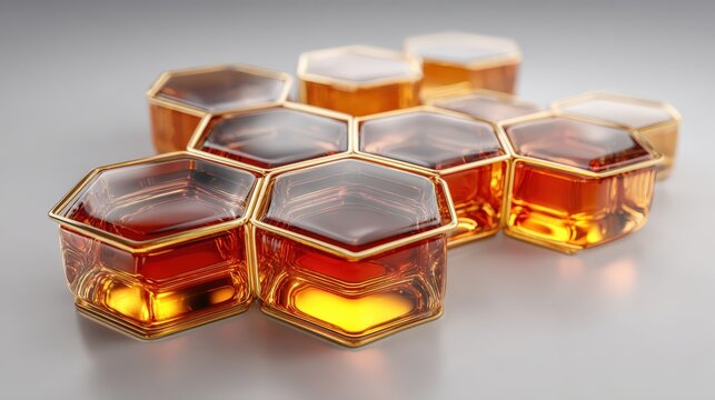 Glossy 3D amber honeycomb structure with metallic bee icon above on white background