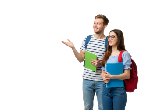 Smiling university student couple holding books and pointing at copy space, looking forward to educational opportunities. - Powered by Adobe