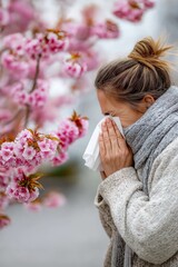 Young woman sneezing into a tissue near blooming pink flowers, symbolizing spring allergies, pollen sensitivity, and seasonal health issues