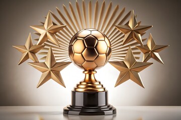Golden soccer champion trophy with stars for the first place winner award.