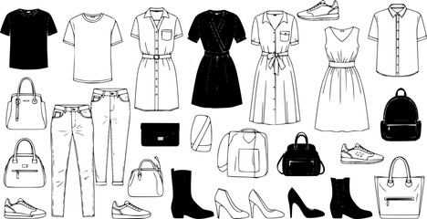 assorted clothing, shirts, pants, dresses, shoes, bags, black vector illustration