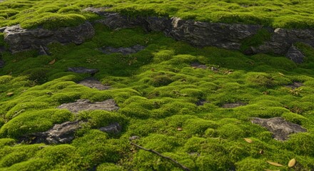 Lush green moss covers rocky terrain with scattered fallen leaves