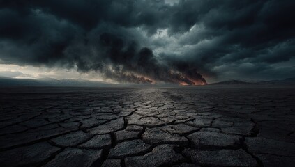 A cracked, desolate landscape under a stormy sky filled with ominous smoke and fire