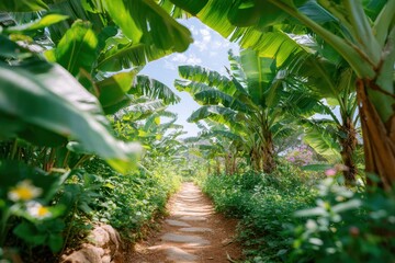Obraz premium Lush Green Pathway Surrounded by Tropical Banana Plants Under a Clear Blue Sky, Inviting Exploration and Tranquility in a Nature-Filled Paradise Setting