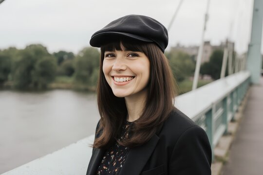 Smiling woman wearing wig with cap standing on bridge